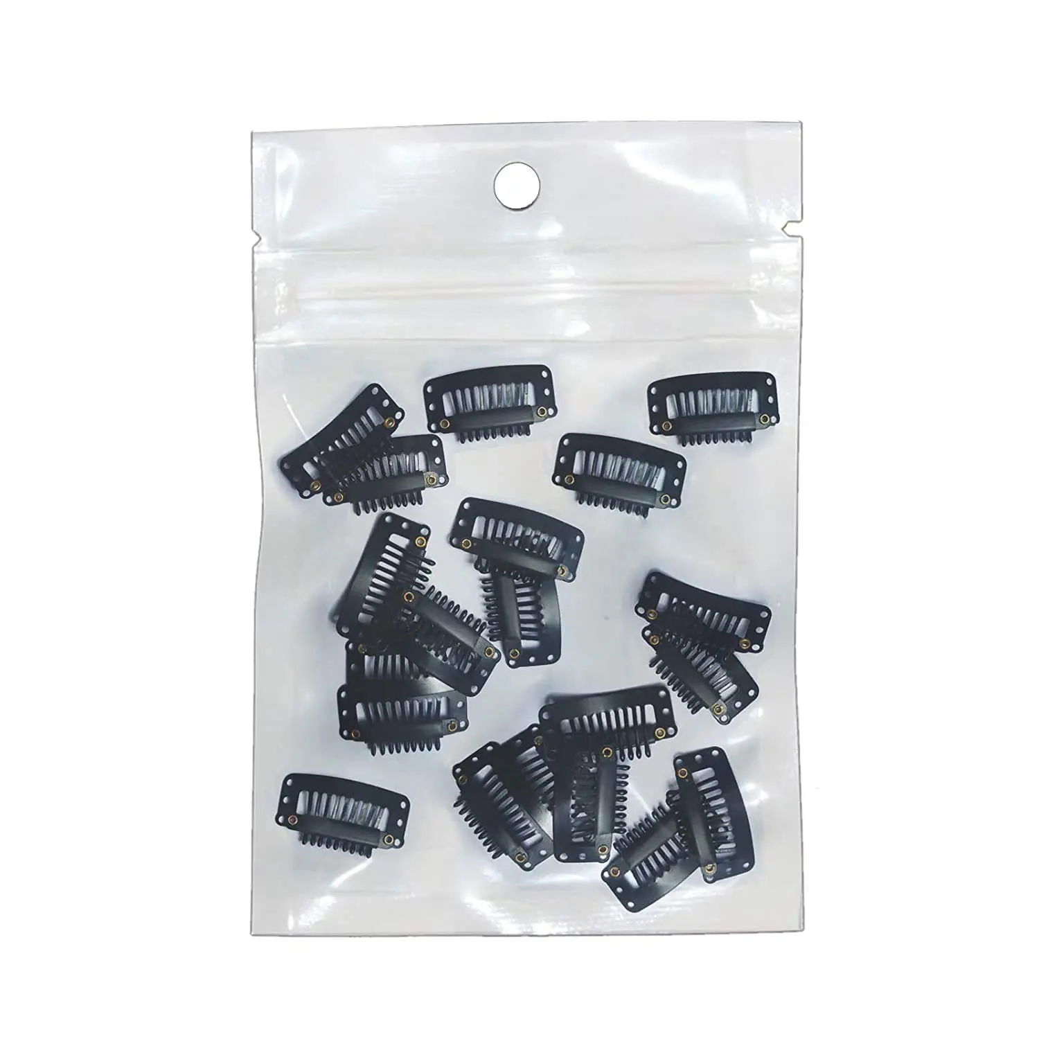 This image shows a set of 20 black metal wig clips with rubber silicone, each 3.2 x 1.6 cm and featuring 9 teeth for secure attachment of wigs, hair extensions, and hairpieces.