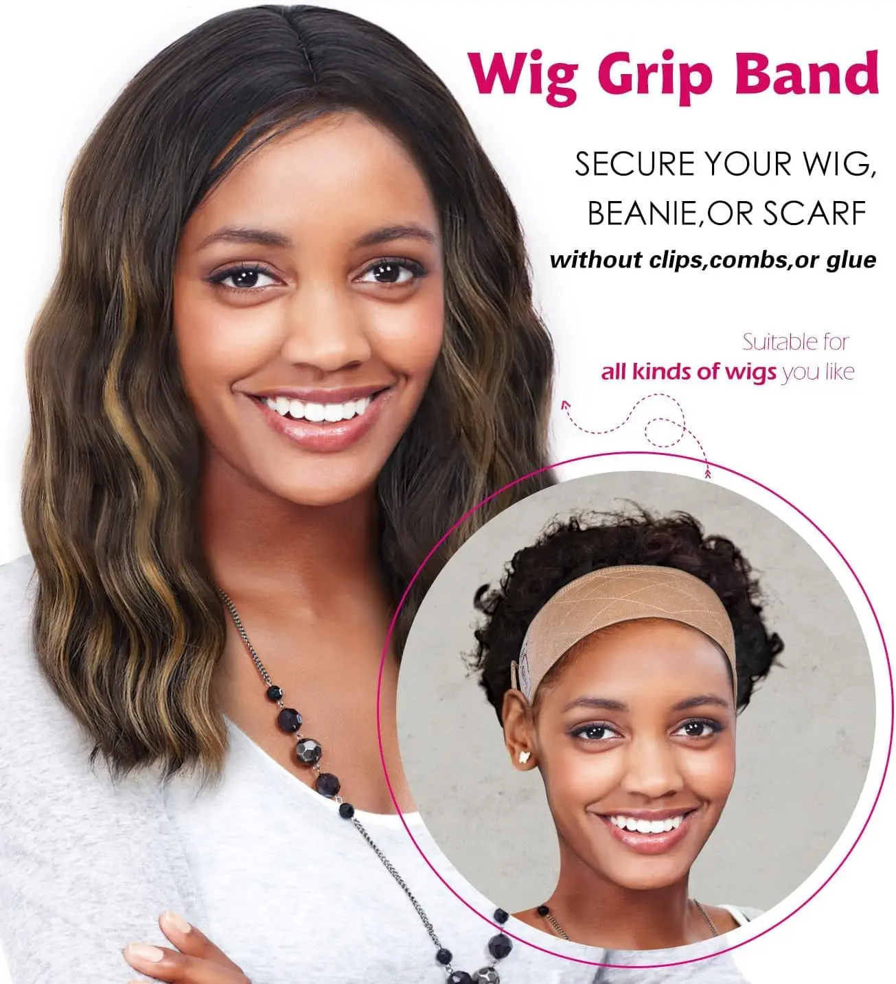 Black velvet wig grip headband secures wigs comfortably without glue or combs, preventing headaches and hair loss.