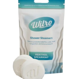 Six Wilro menthol spearmint shower steamers in resealable bags release strong, soothing vapors to help relieve cold and flu symptoms.