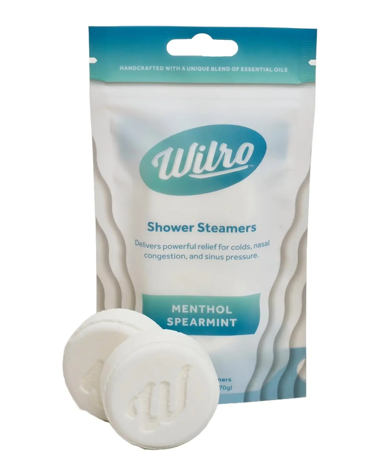 Six Wilro menthol spearmint shower steamers in resealable bags release strong, soothing vapors to help relieve cold and flu symptoms.