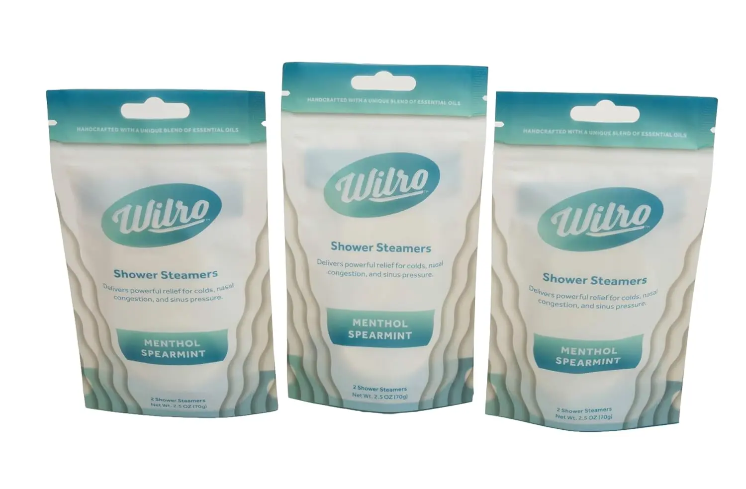 Six Wilro menthol spearmint shower steamers in resealable bags release strong, soothing vapors to help relieve cold and flu symptoms.