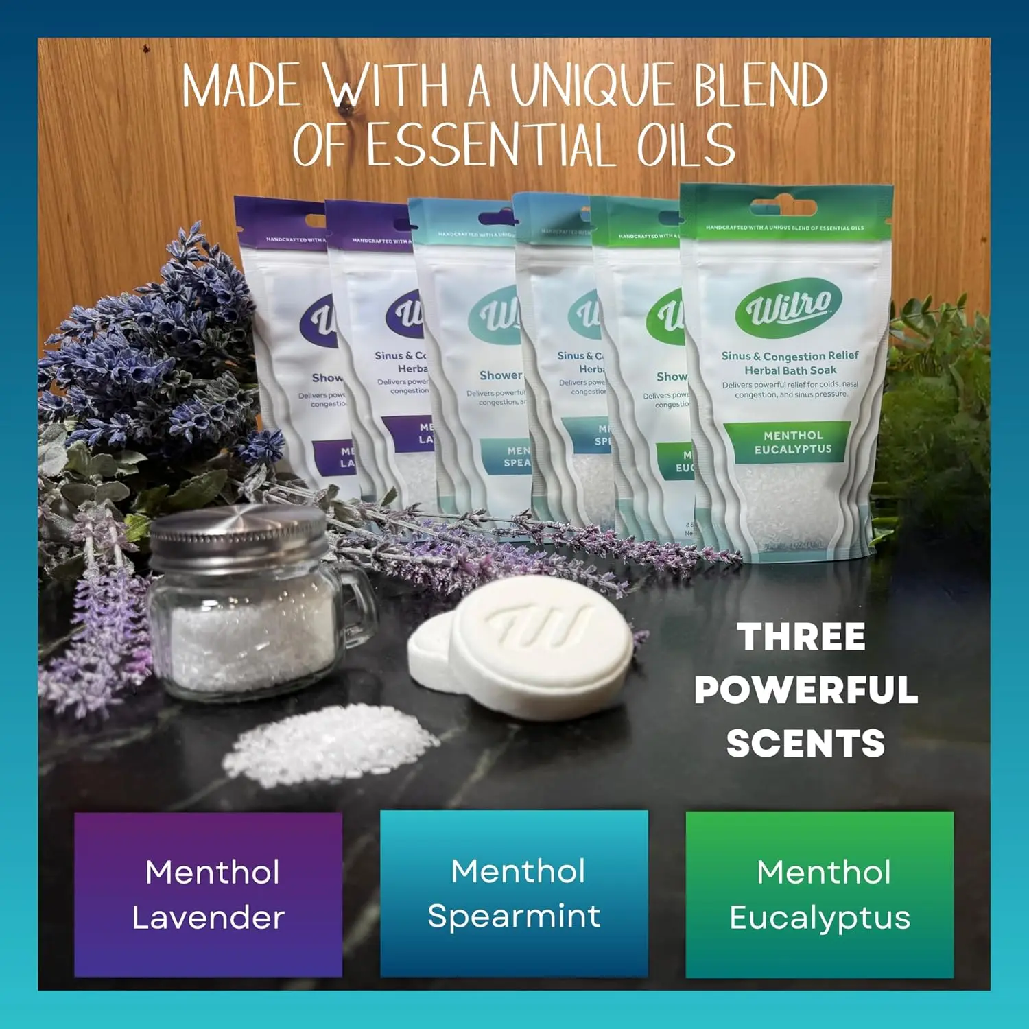 Six Wilro menthol spearmint shower steamers in resealable bags release strong, soothing vapors to help relieve cold and flu symptoms.