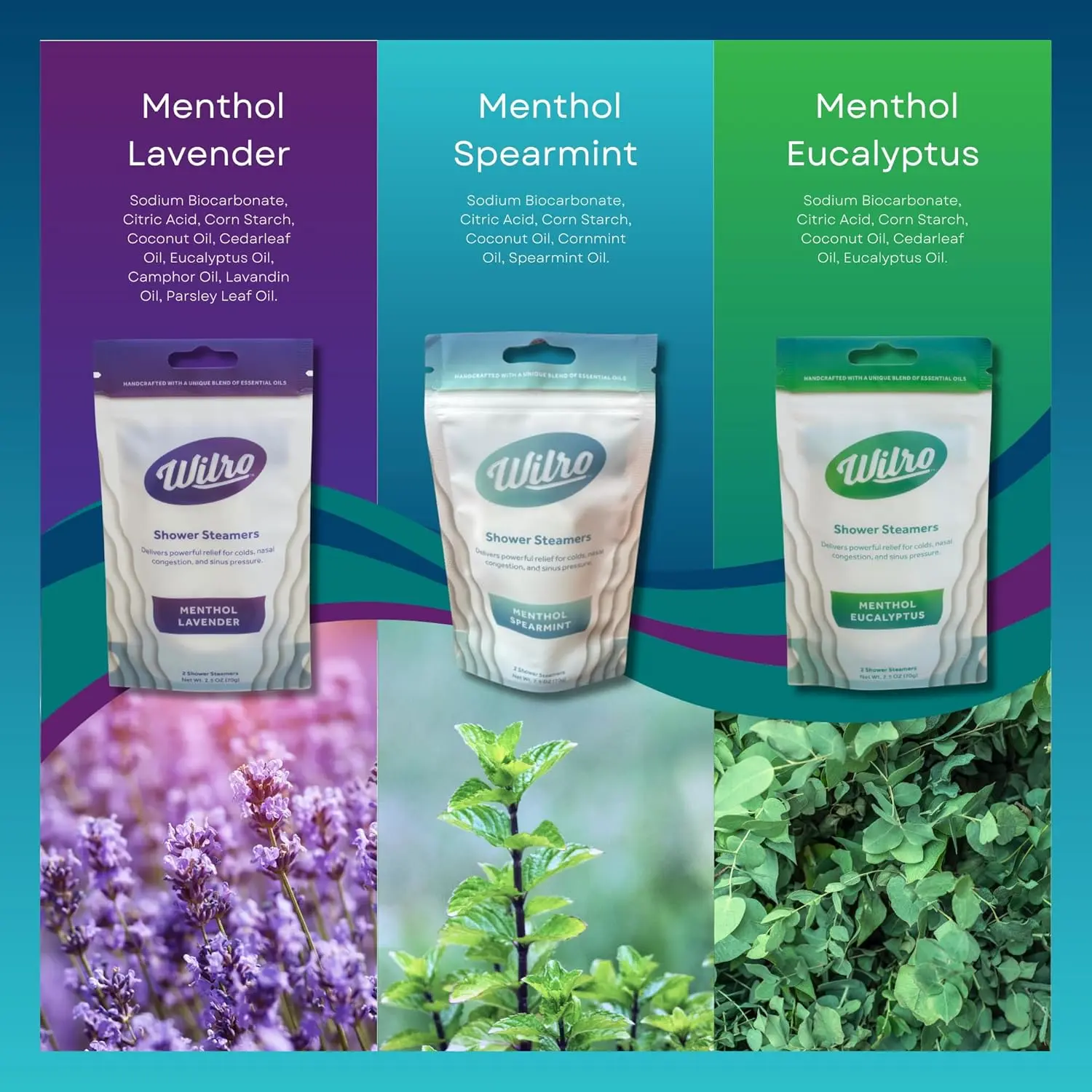 Six Wilro menthol spearmint shower steamers in resealable bags release strong, soothing vapors to help relieve cold and flu symptoms.