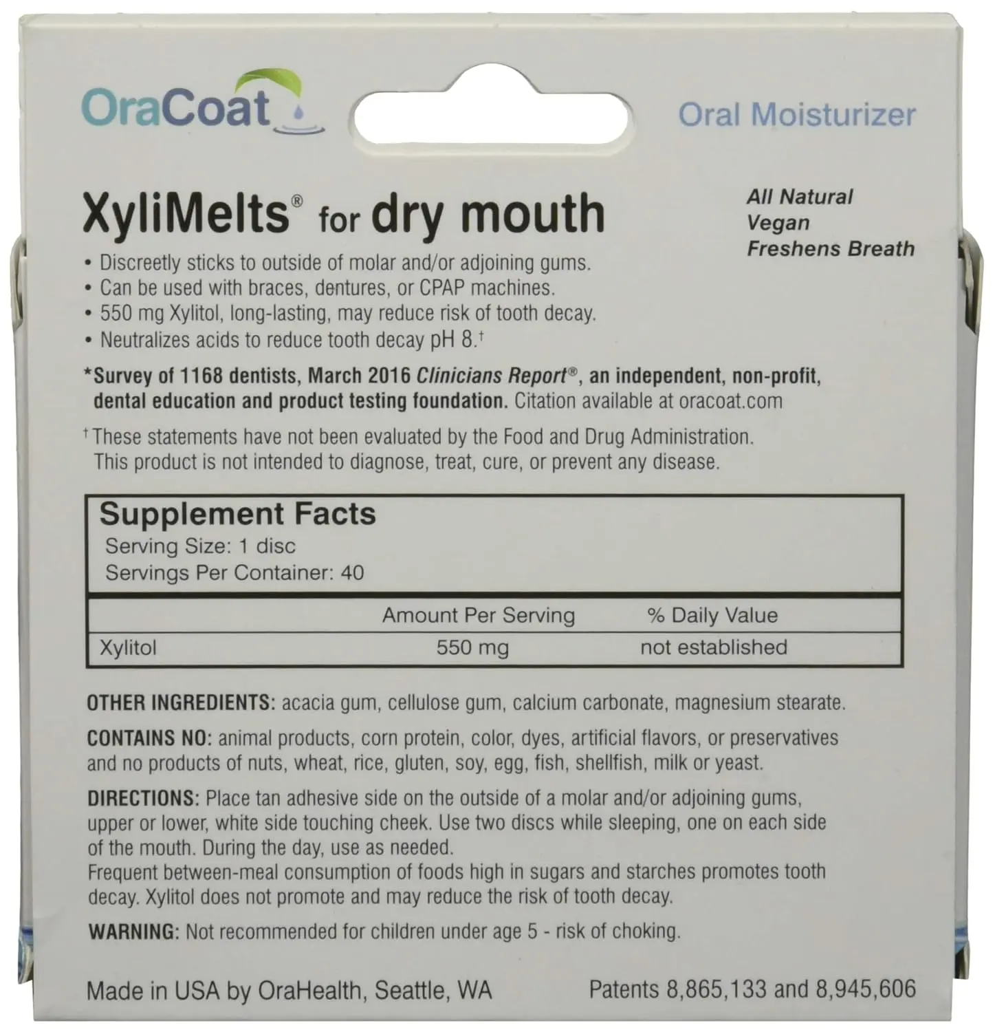 Oracoat Xylimelts adhering discs provide long-lasting dry mouth relief, moisturize, freshen breath, and help reduce the risk of tooth decay.