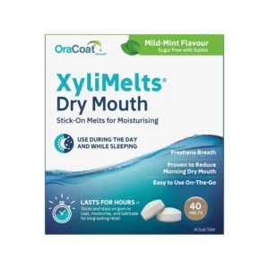 This package contains 40 OraCoat XyliMelts in mild mint flavor, designed to stimulate saliva production and moisturize the mouth for hours, preventing dry mouth especially during sleep and helping to freshen breath.