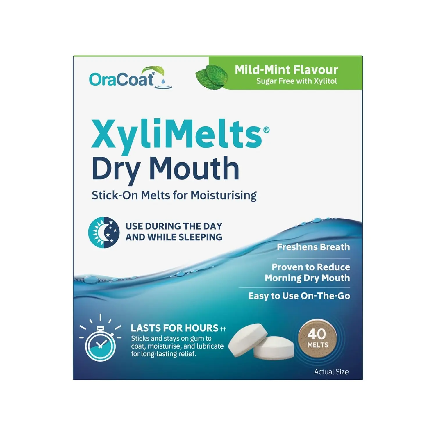 This package contains 40 OraCoat XyliMelts in mild mint flavor, designed to stimulate saliva production and moisturize the mouth for hours, preventing dry mouth especially during sleep and helping to freshen breath.