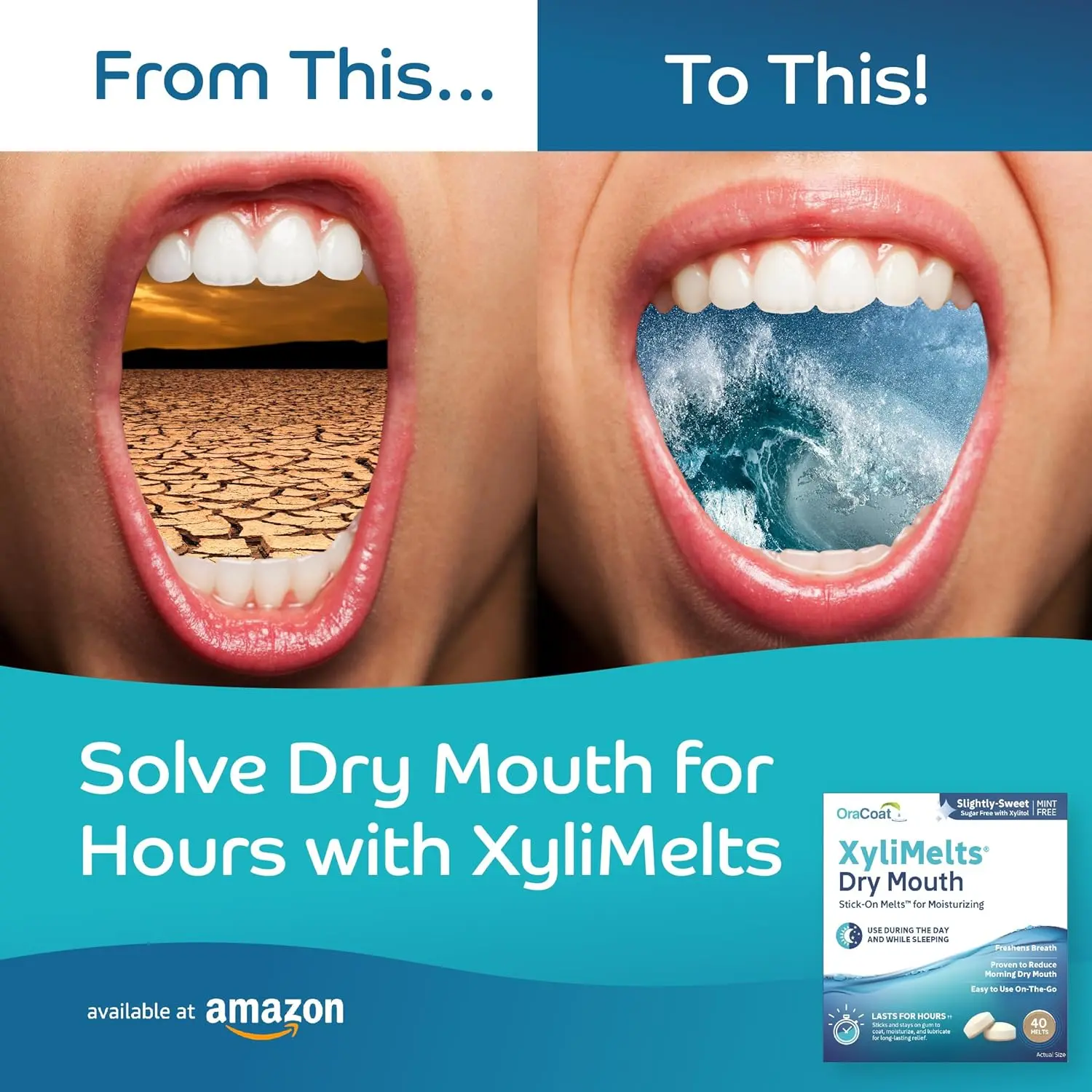 This package contains 40 OraCoat XyliMelts in mild mint flavor, designed to stimulate saliva production and moisturize the mouth for hours, preventing dry mouth especially during sleep and helping to freshen breath.