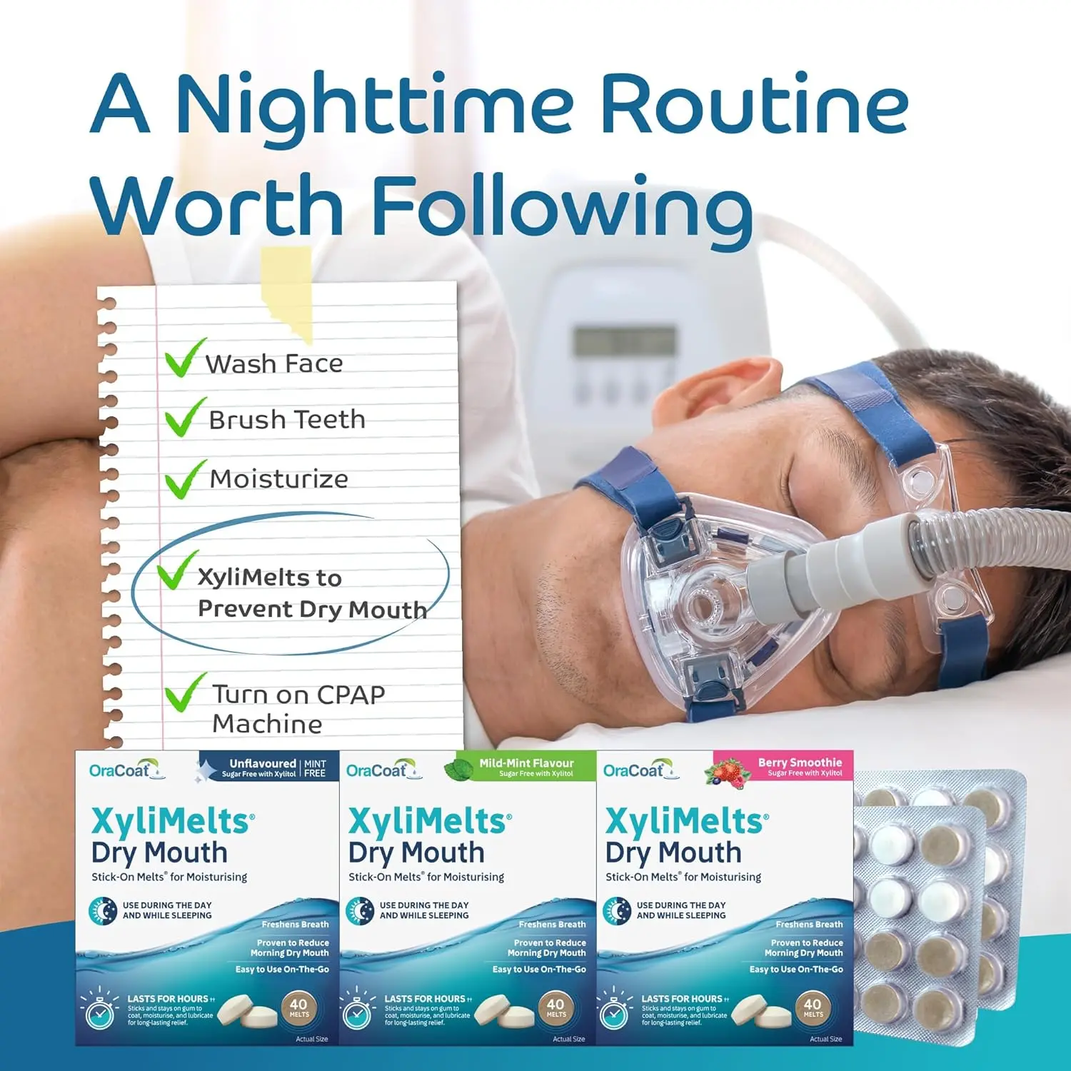 This package contains 40 OraCoat XyliMelts in mild mint flavor, designed to stimulate saliva production and moisturize the mouth for hours, preventing dry mouth especially during sleep and helping to freshen breath.