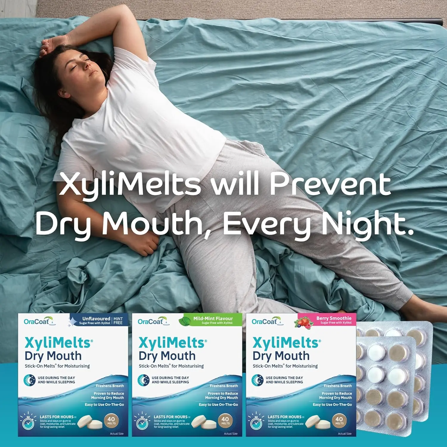 This package contains 40 OraCoat XyliMelts in mild mint flavor, designed to stimulate saliva production and moisturize the mouth for hours, preventing dry mouth especially during sleep and helping to freshen breath.