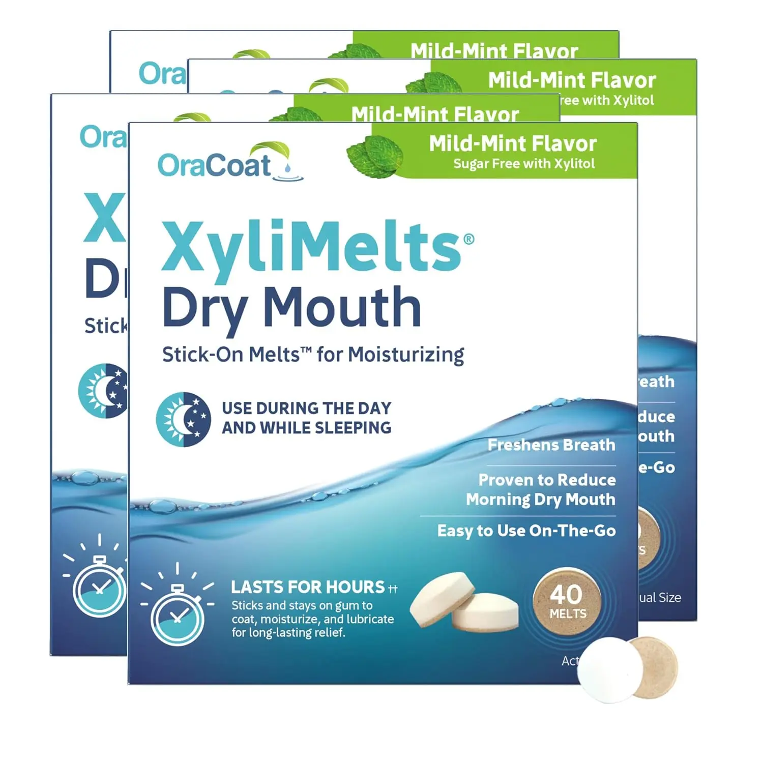 Four packs of Oracoat XyliMelts in mild mint flavor offer vegan, gluten-free, and dairy-free dry mouth relief.