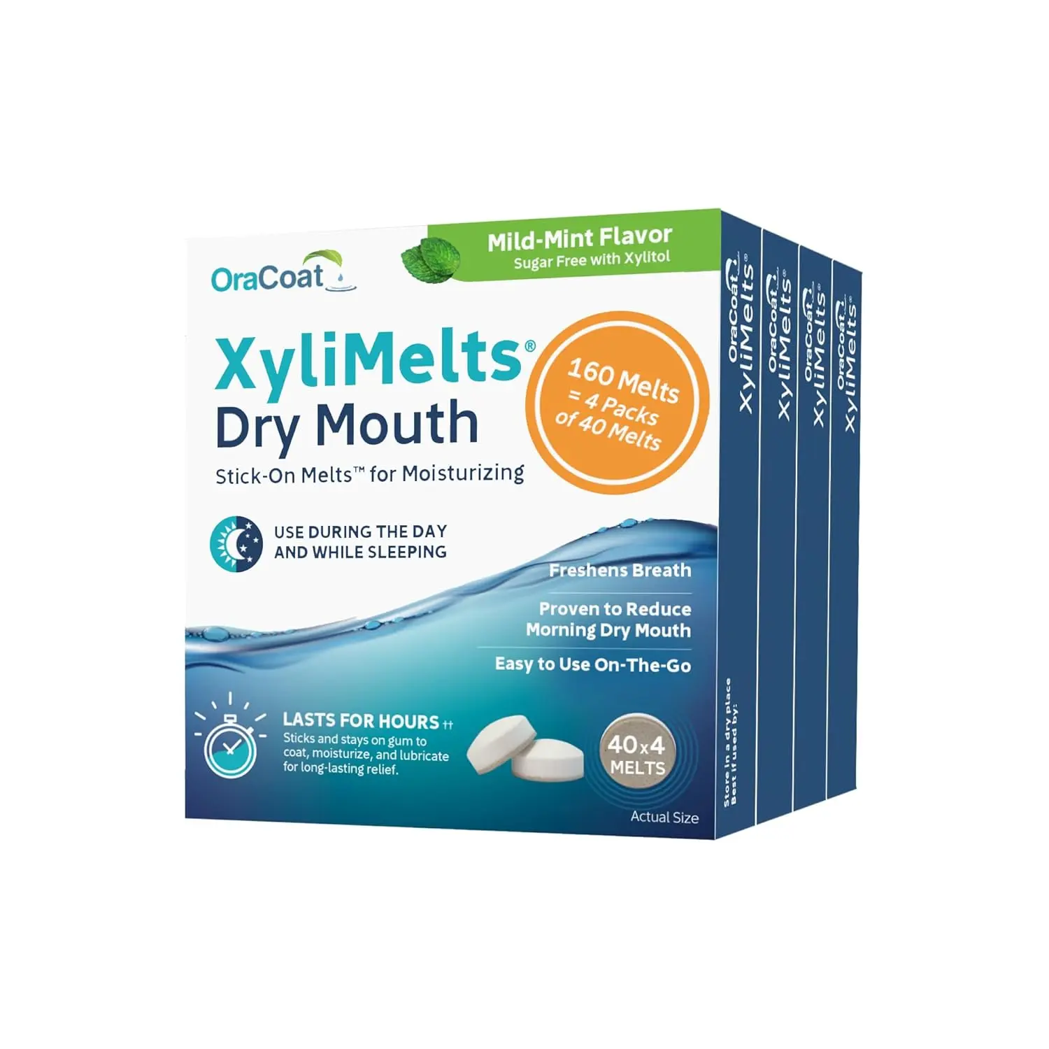 Four packs of Oracoat XyliMelts in mild mint flavor offer vegan, gluten-free, and dairy-free dry mouth relief.