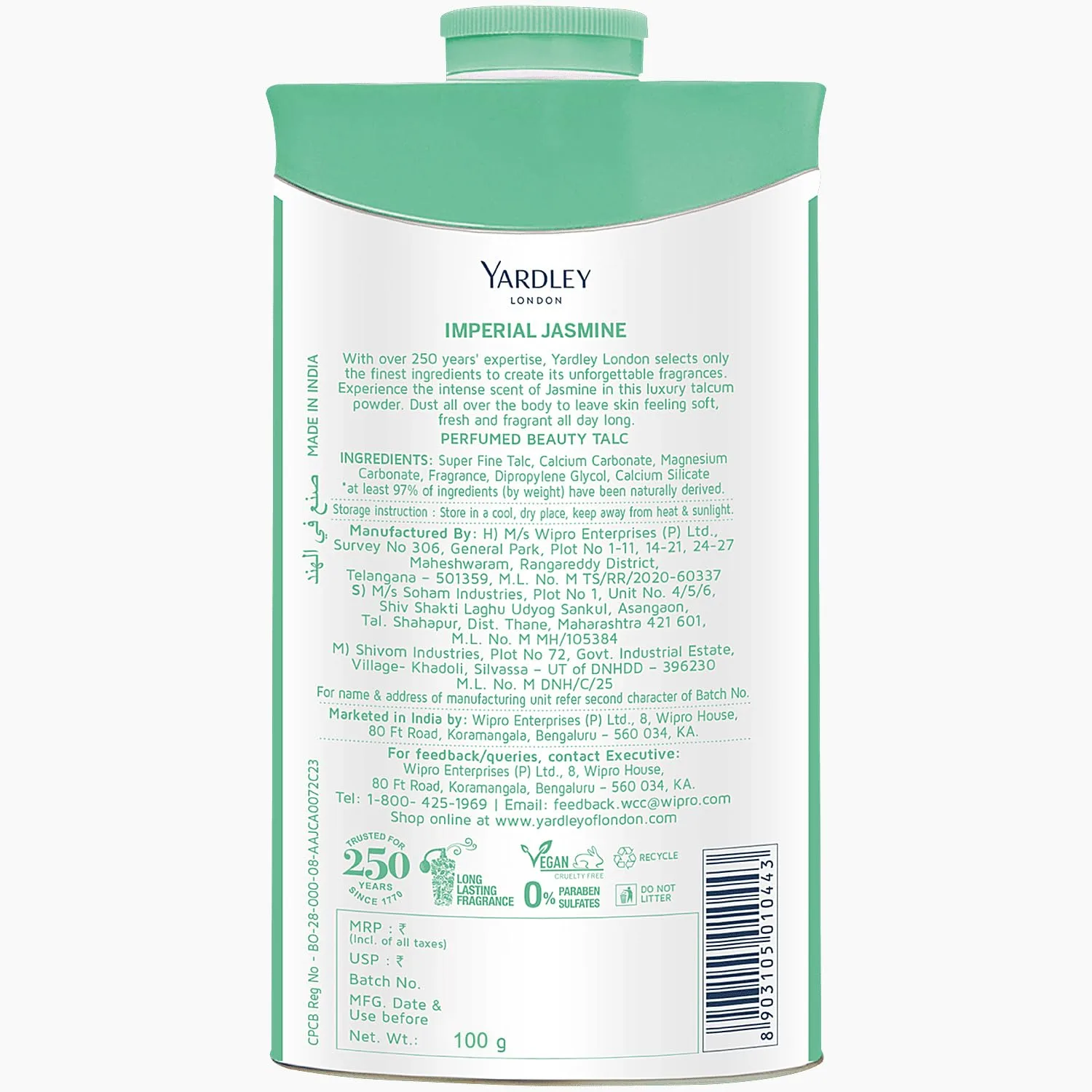 Yardley London Jasmine Talc 100g | Perfumed Body Powder - Image 2