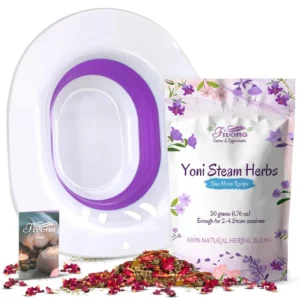 Fivona yoni steaming kit includes a comfortable over-the-toilet seat and all-natural Blue Moon Recipe herbs for a relaxing at-home v-steam, detox, and odor control.