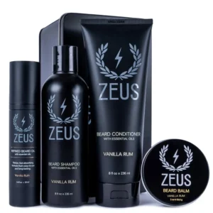 Zeus beard care kit made in the USA with natural ingredients, includes beard shampoo, conditioner, balm, and vanilla rum beard oil for a healthy, strong, and soft beard.