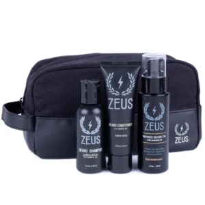 This ZEUS beard grooming kit includes beard shampoo, beard conditioner, refined beard oil, and a toiletry bag, designed to cleanse, soften, and nourish your beard while preventing dryness and irritation for a healthy, itch-free beard.