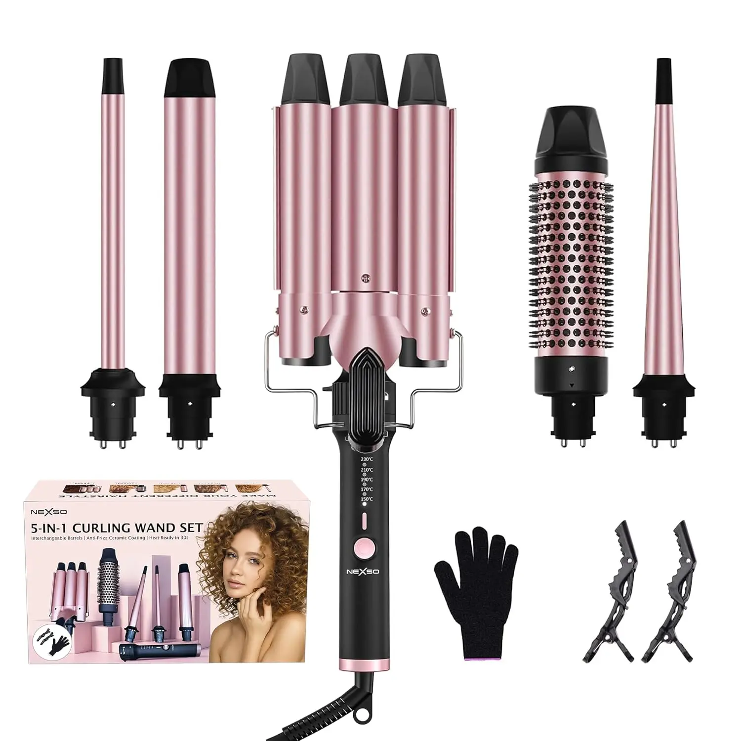 This 5-in-1 hair styler set includes a ceramic curling wand, round brush, and triple barrel waver, offering adjustable heat settings and dual voltage for versatile styling at home or while traveling.