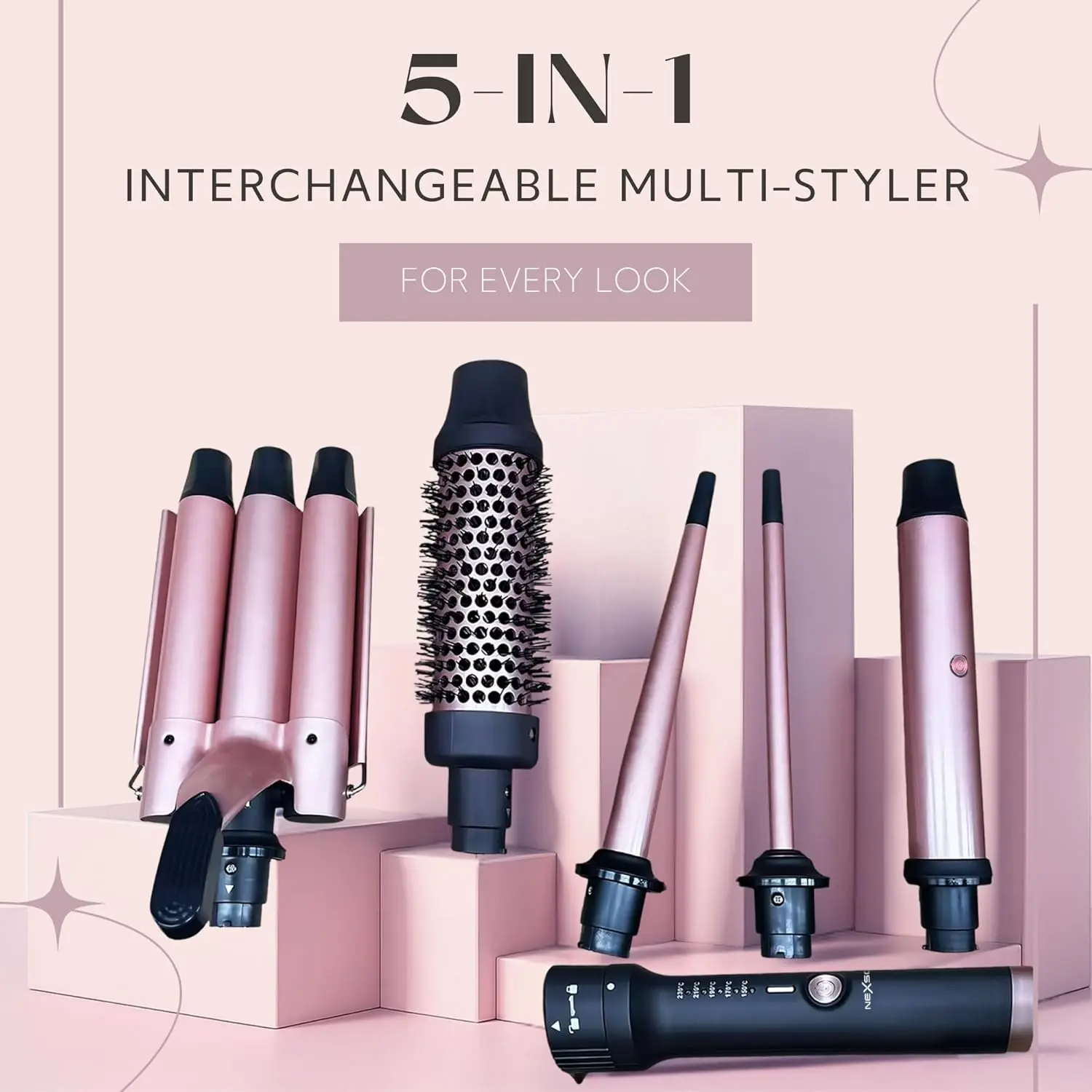 This 5-in-1 hair styler set includes a ceramic curling wand, round brush, and triple barrel waver, offering adjustable heat settings and dual voltage for versatile styling at home or while traveling.