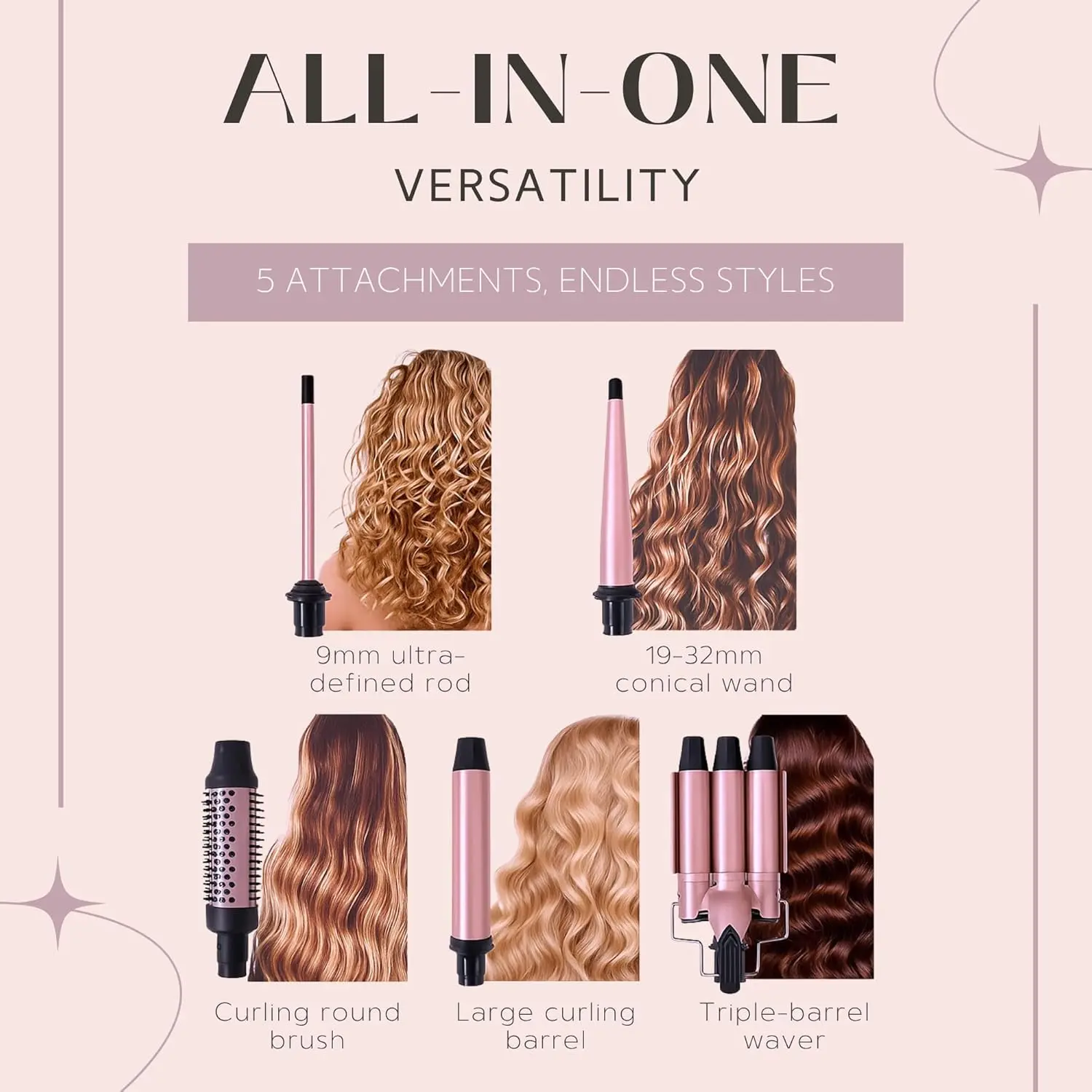 This 5-in-1 hair styler set includes a ceramic curling wand, round brush, and triple barrel waver, offering adjustable heat settings and dual voltage for versatile styling at home or while traveling.