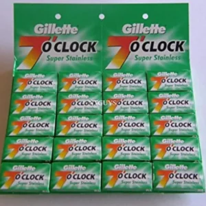 A display card of twenty 7 O'Clock Super Stainless double edge razor blade tucks, with each tuck containing 5 blades made in Russia, totaling 100 smooth shaving blades for all double edge safety razors.
