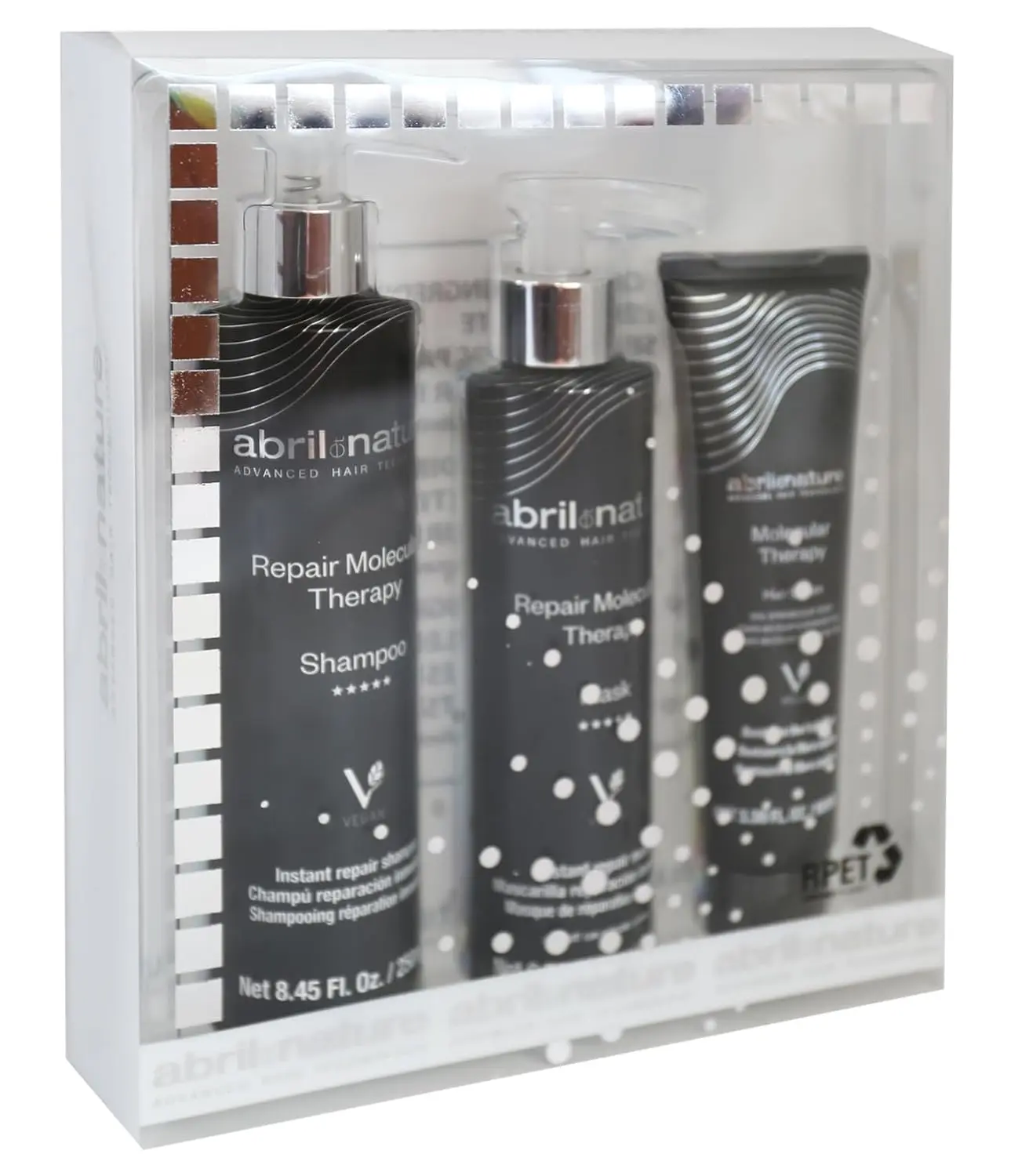 abril et nature professional hair care kit with shampoo, mask, and serum restores and repairs damaged hair, leaving it stronger, softer, and healthier.