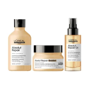 L'Oreal Absolut Repair bundle includes shampoo, oil, and mask with protein and Omega 9 to nourish, resurface, and protect dry, damaged hair, leaving it shiny, smooth, and manageable.