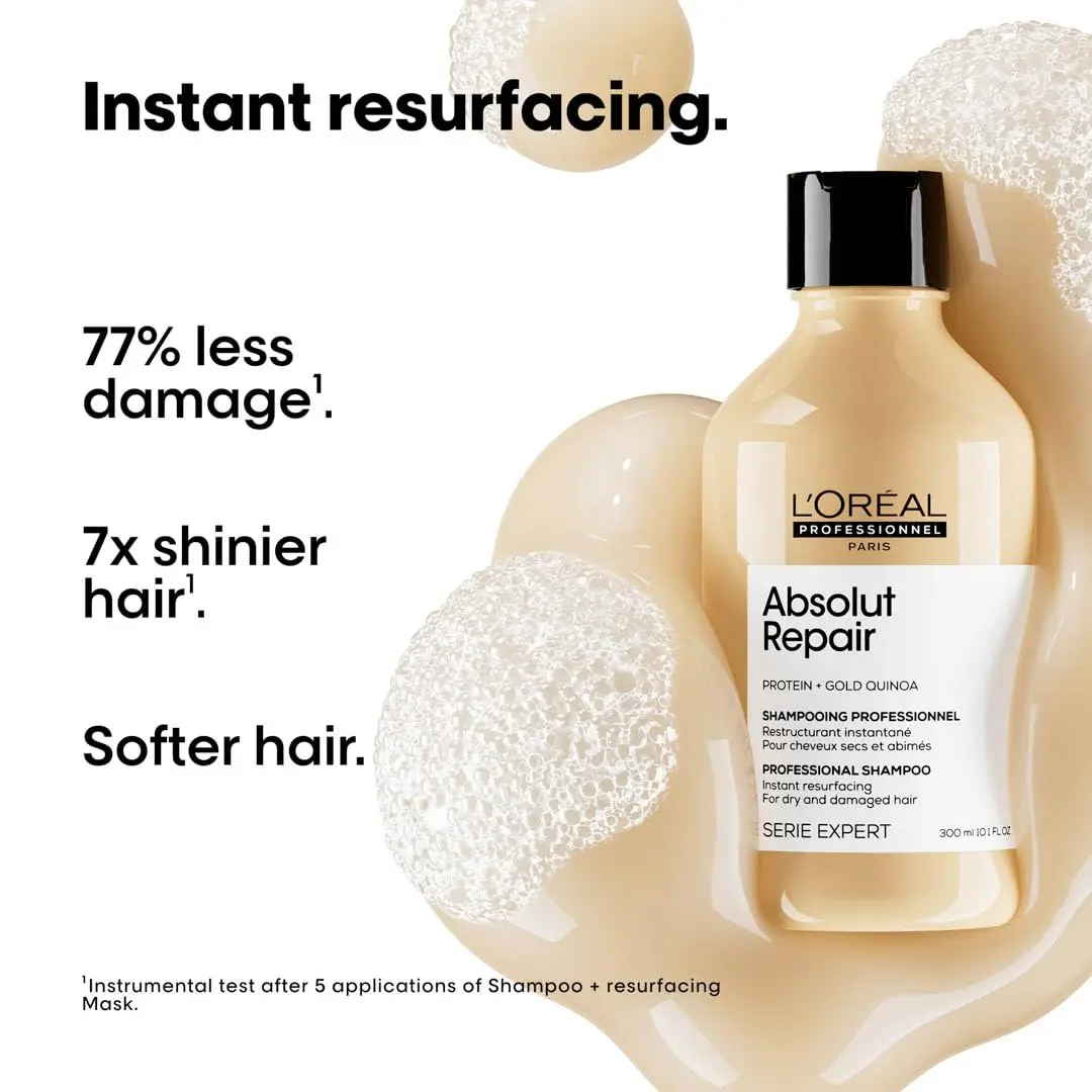 L'Oreal Absolut Repair bundle includes shampoo, oil, and mask with protein and Omega 9 to nourish, resurface, and protect dry, damaged hair, leaving it shiny, smooth, and manageable.
