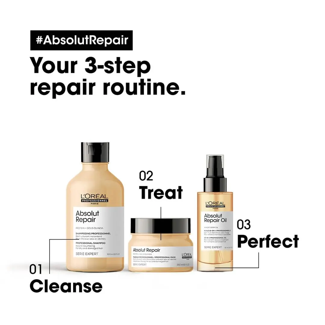 L'Oreal Absolut Repair bundle includes shampoo, oil, and mask with protein and Omega 9 to nourish, resurface, and protect dry, damaged hair, leaving it shiny, smooth, and manageable.