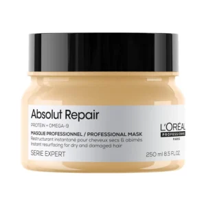 L'Oréal Absolut Repair hair mask with wheat protein and gold quinoa extract helps resurface and repair medium-thick, dry, and damaged hair, leaving it feeling lightweight.