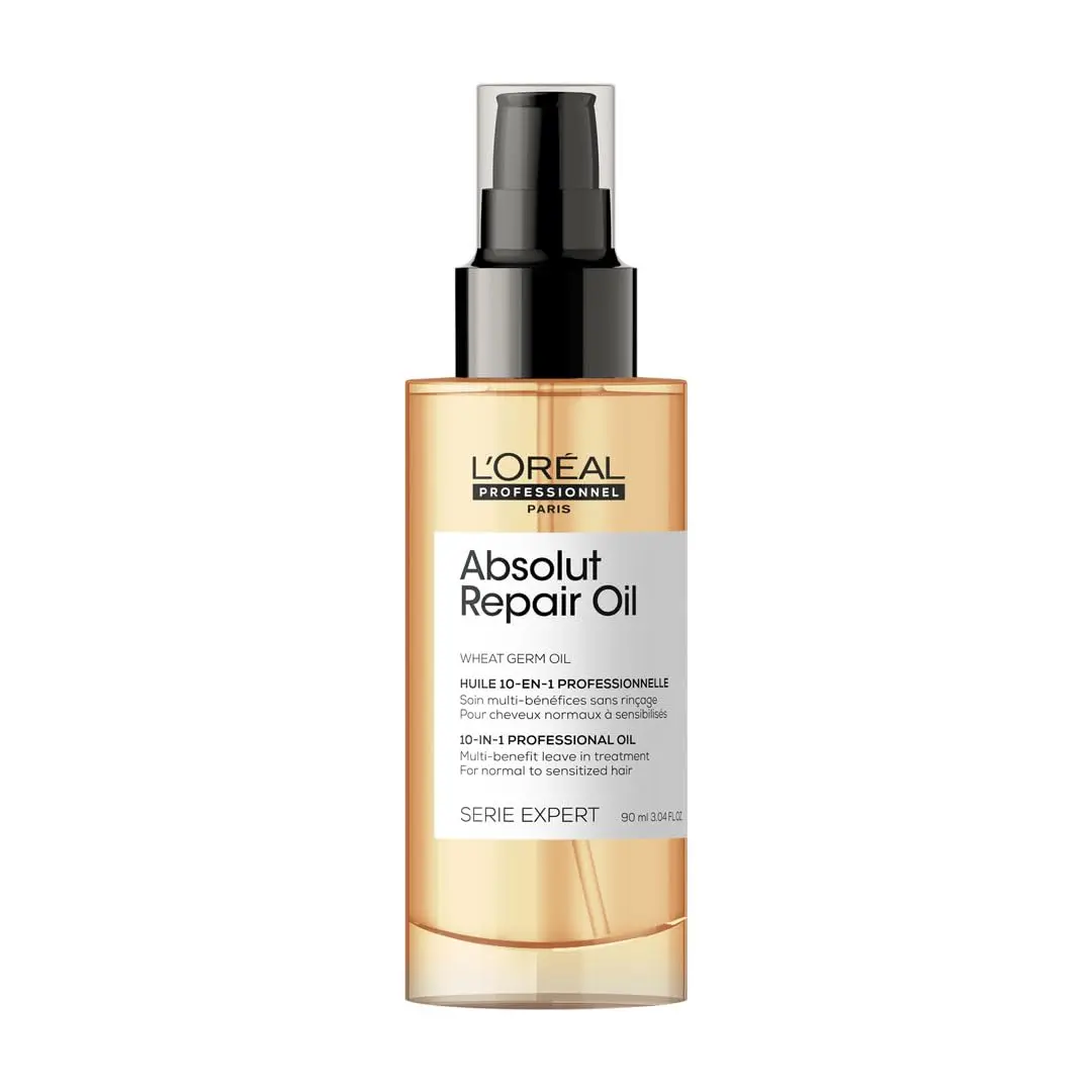 L'Oréal Absolut Repair leave-in treatment with protein and gold quinoa nourishes, resurfaces, and adds shine to dry, damaged hair while providing lightweight detangling and heat protection.