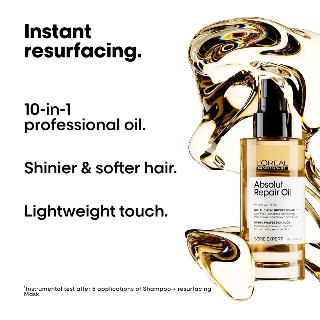 L'Oréal Absolut Repair leave-in treatment with protein and gold quinoa nourishes, resurfaces, and adds shine to dry, damaged hair while providing lightweight detangling and heat protection.