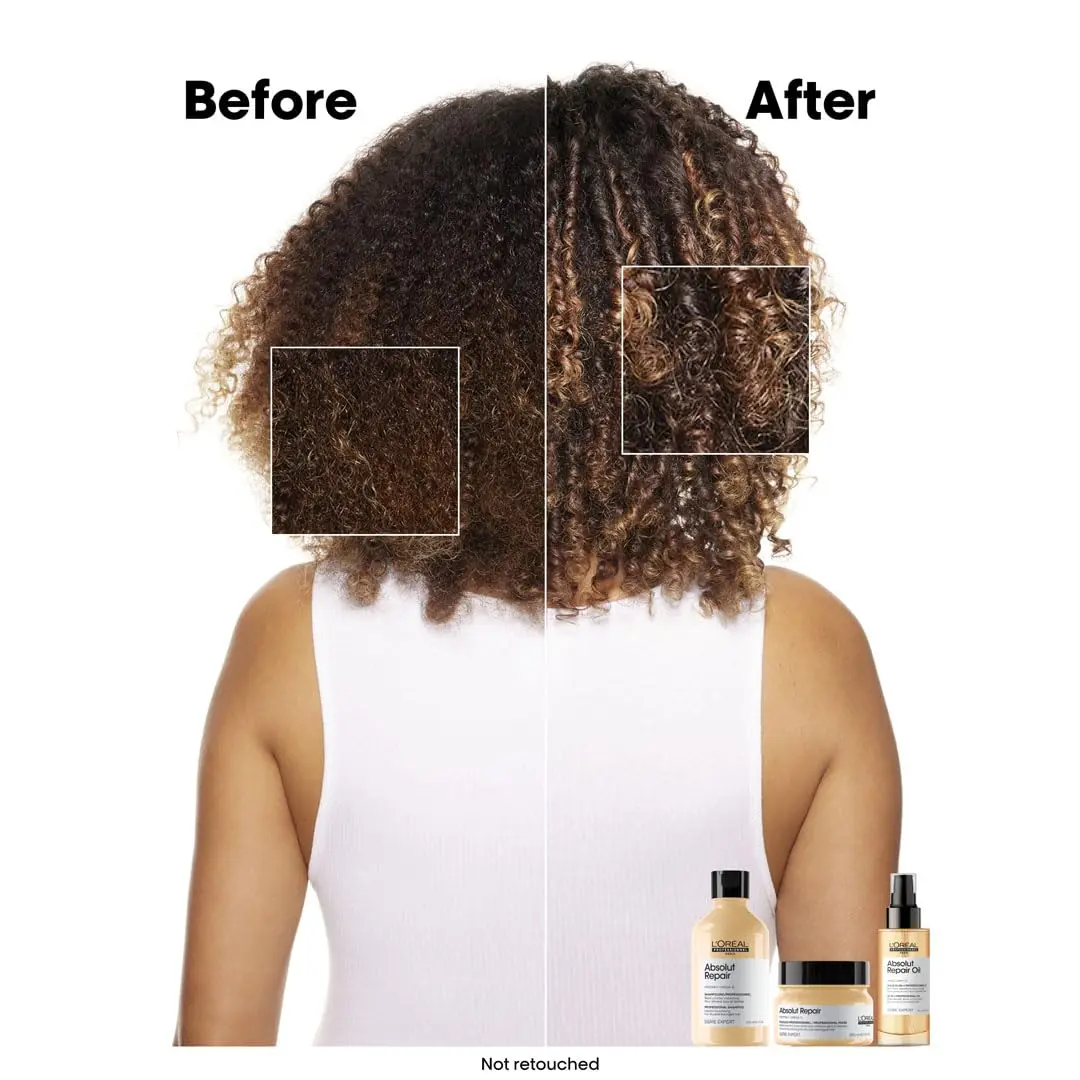 L'Oréal Absolut Repair leave-in treatment with protein and gold quinoa nourishes, resurfaces, and adds shine to dry, damaged hair while providing lightweight detangling and heat protection.