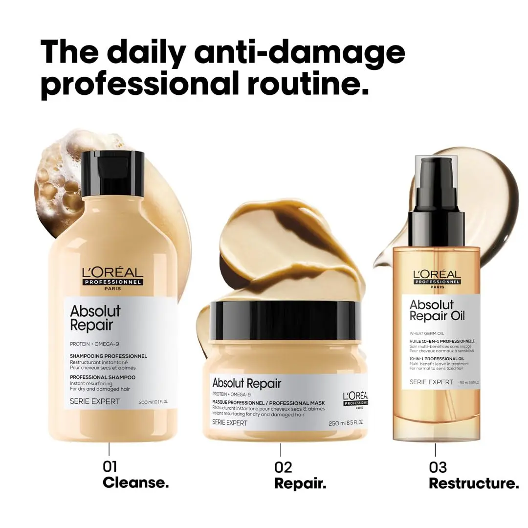 L'Oréal Absolut Repair leave-in treatment with protein and gold quinoa nourishes, resurfaces, and adds shine to dry, damaged hair while providing lightweight detangling and heat protection.