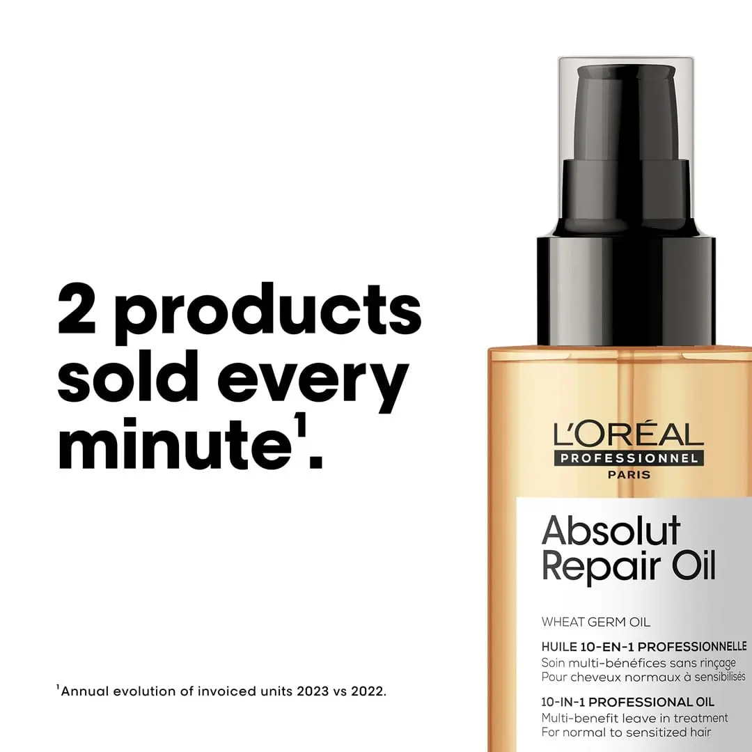 L'Oréal Absolut Repair leave-in treatment with protein and gold quinoa nourishes, resurfaces, and adds shine to dry, damaged hair while providing lightweight detangling and heat protection.
