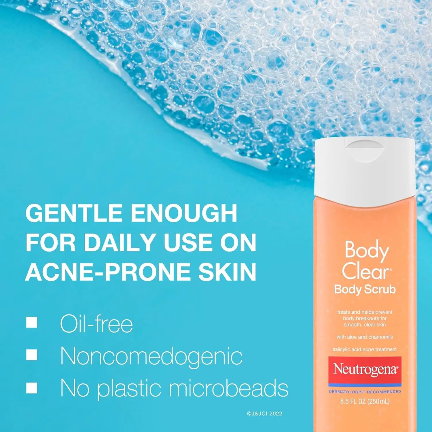 Neutrogena oil-free acne body scrub with salicylic acid exfoliates and treats breakouts on back, chest and shoulders.