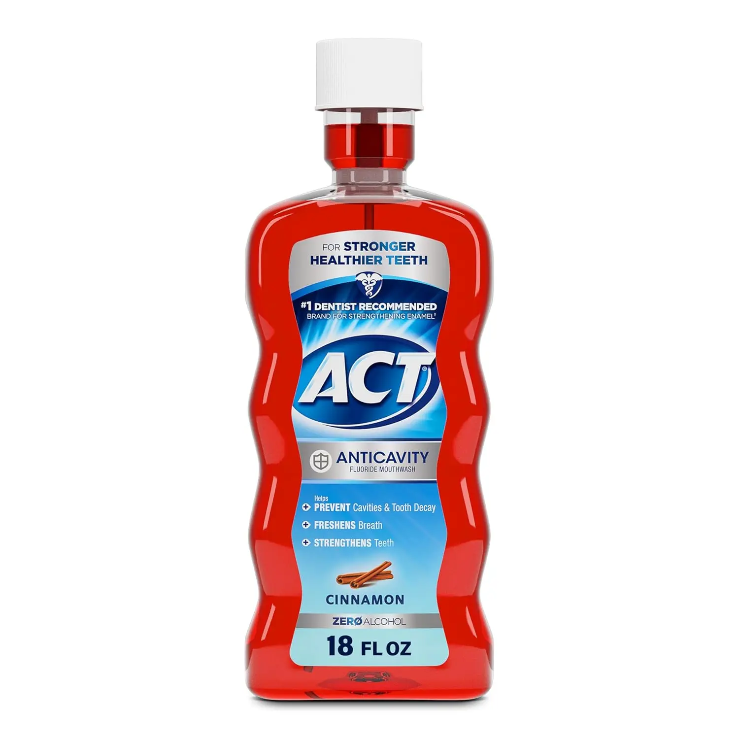 ACT Anticavity Zero Alcohol Fluoride Mouthwash in Cinnamon flavor, offering cavity prevention, teeth strengthening, and fresh breath with an accurate dosing cup.