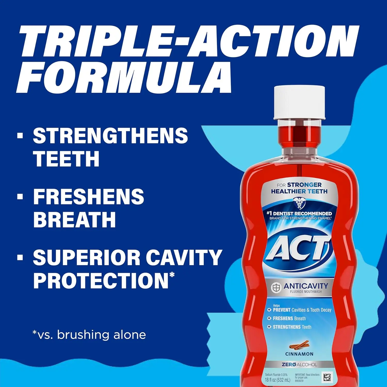ACT Anticavity Zero Alcohol Fluoride Mouthwash in Cinnamon flavor, offering cavity prevention, teeth strengthening, and fresh breath with an accurate dosing cup.