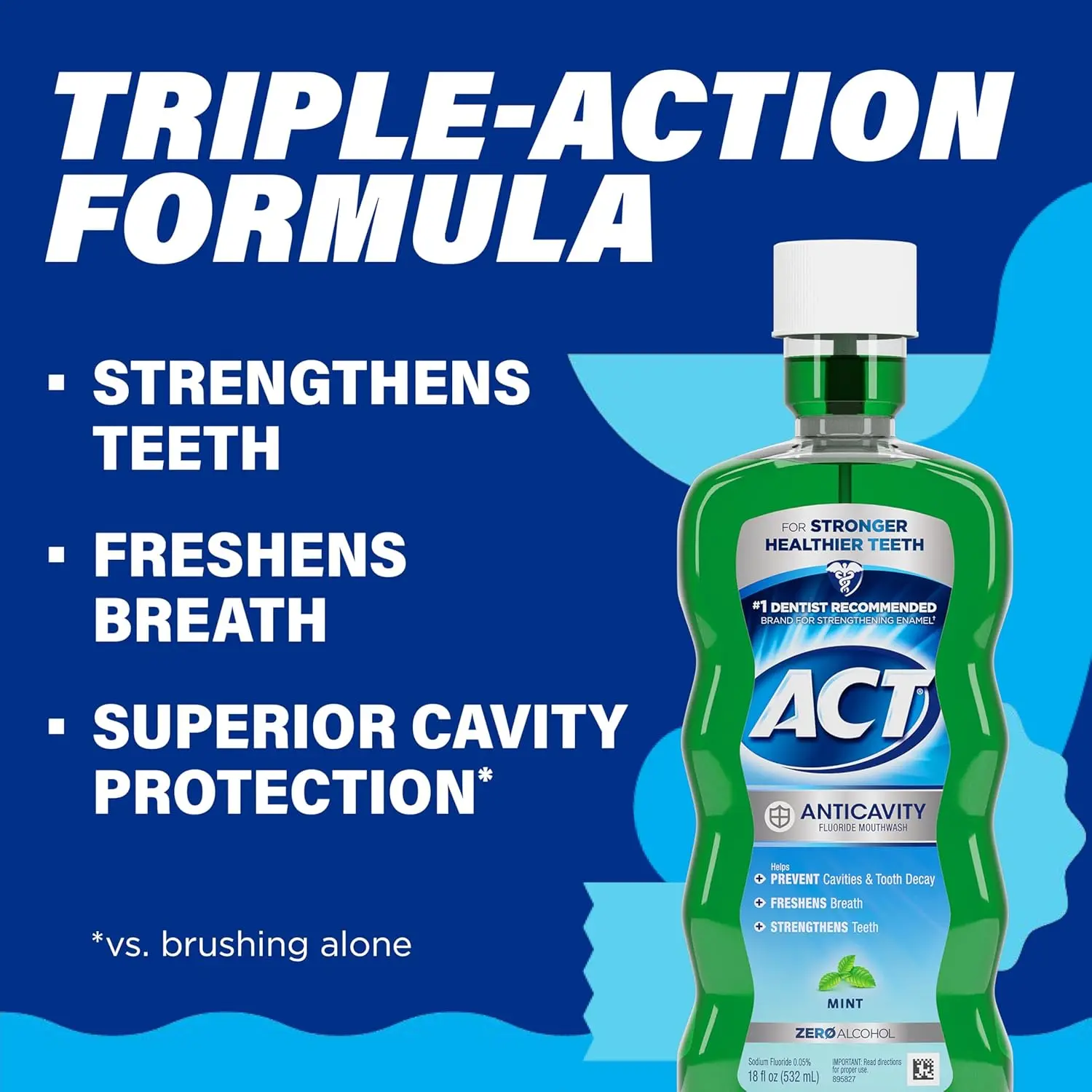 A bottle of ACT Anticavity Fluoride Rinse that kills bad breath, strengthens enamel, and restores minerals.