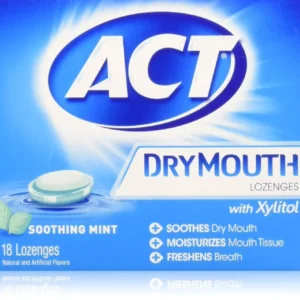 This is a pack of three boxes of ACT Dry Mouth Soothing Mint Lozenges, each box containing 18 lozenges, to help relieve dry mouth symptoms.