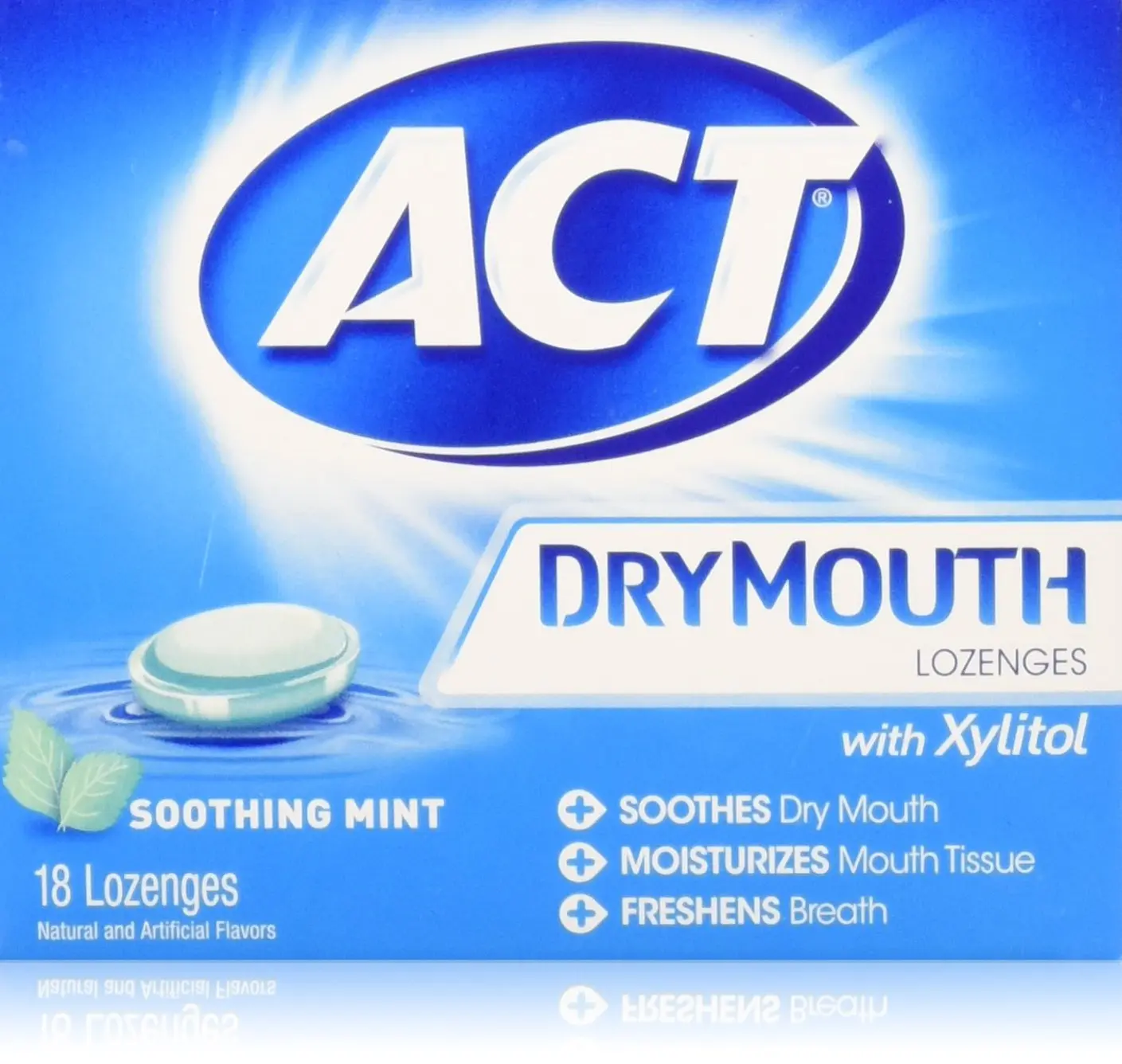 This is a pack of three boxes of ACT Dry Mouth Soothing Mint Lozenges, each box containing 18 lozenges, to help relieve dry mouth symptoms.