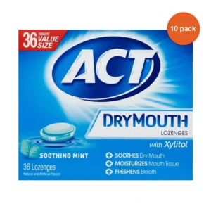 This image shows a 36-count pack of ACT Dry Mouth Lozenges in Soothing Mint flavor, designed to soothe dry mouth, moisturize, and freshen breath with xylitol.