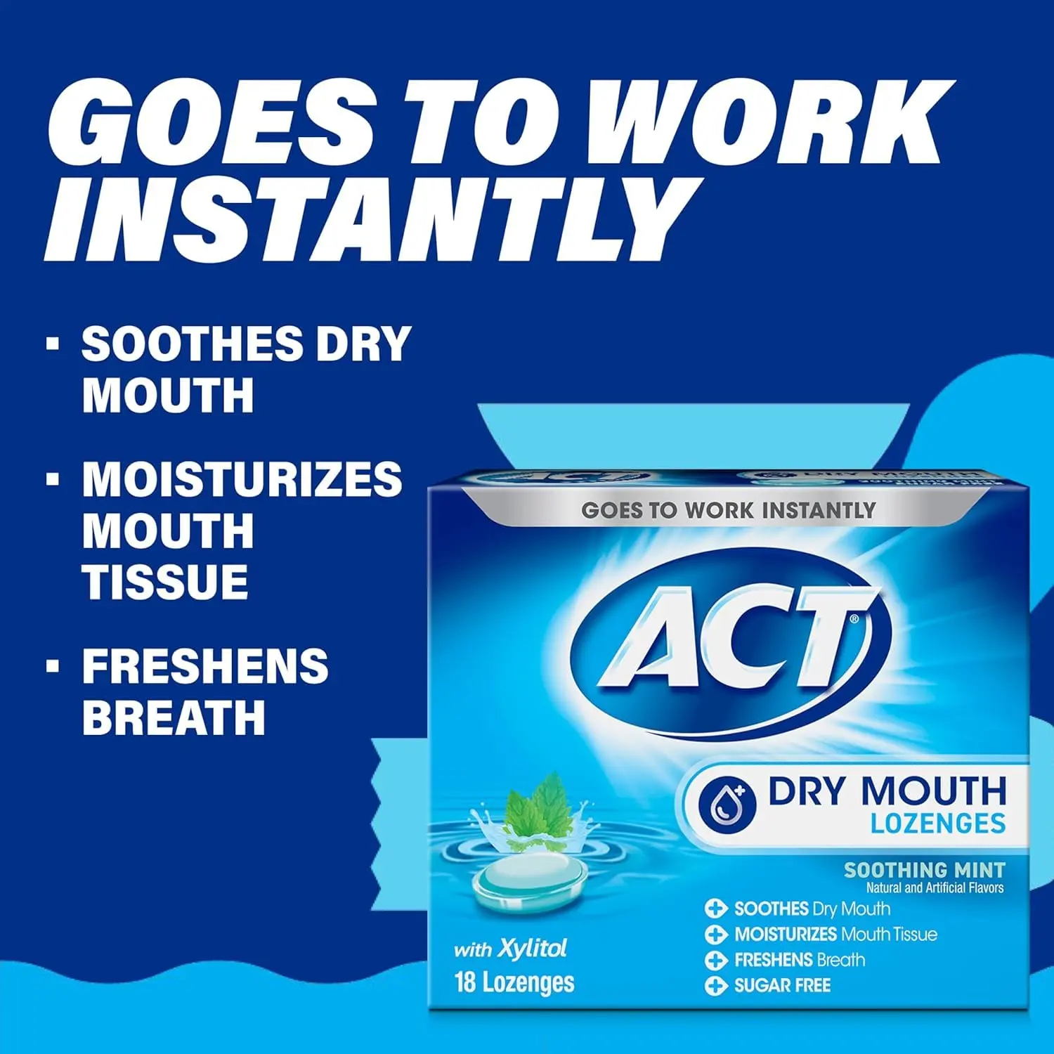 Four packs of Chattem ACT Dry Mouth Soothing Mint Lozenges to soothe dry mouth, moisturize mouth tissue, and freshen breath.