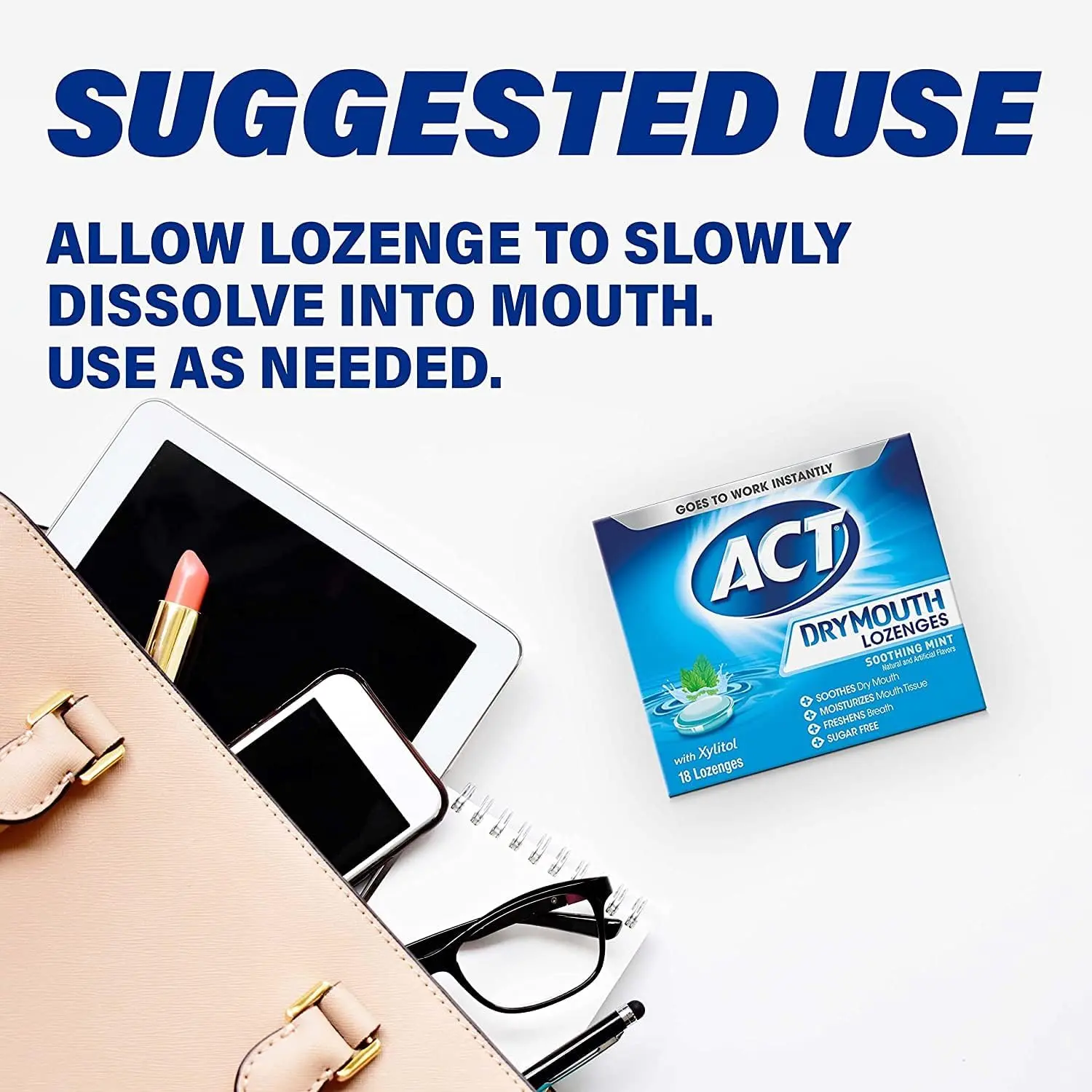 Four packs of Chattem ACT Dry Mouth Soothing Mint Lozenges to soothe dry mouth, moisturize mouth tissue, and freshen breath.