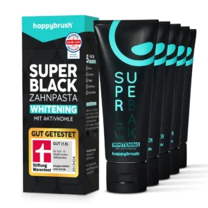 Five tubes of happybrush SuperBlack activated carbon toothpaste with mint flavor, promising natural teeth whitening and comprehensive oral care.