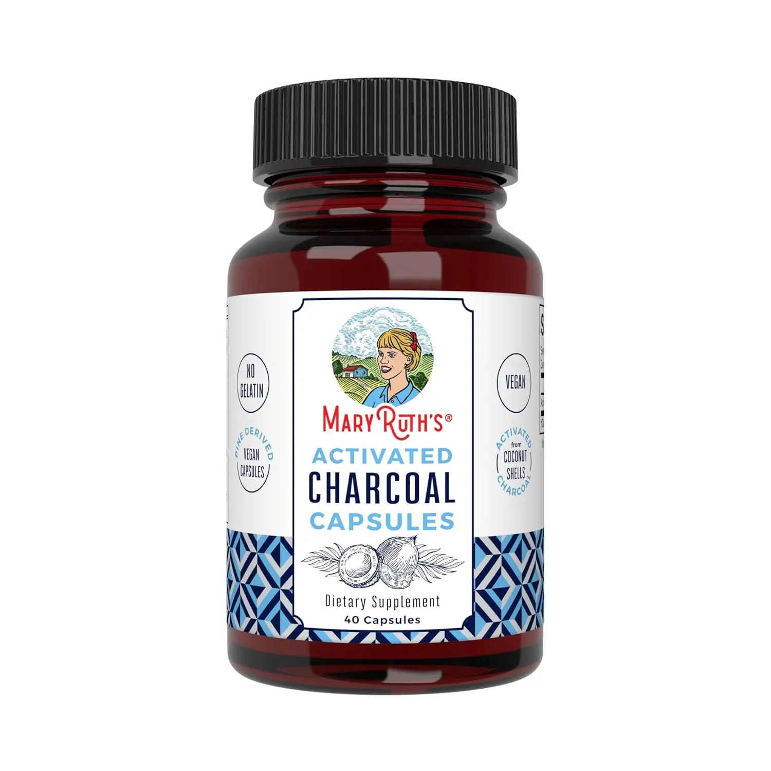 Bottle of activated charcoal capsules made from coconut shells, a vegan and non-GMO supplement to alleviate gas and bloating.