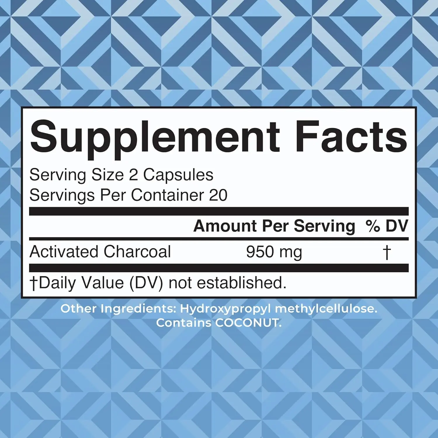 Bottle of activated charcoal capsules made from coconut shells, a vegan and non-GMO supplement to alleviate gas and bloating.