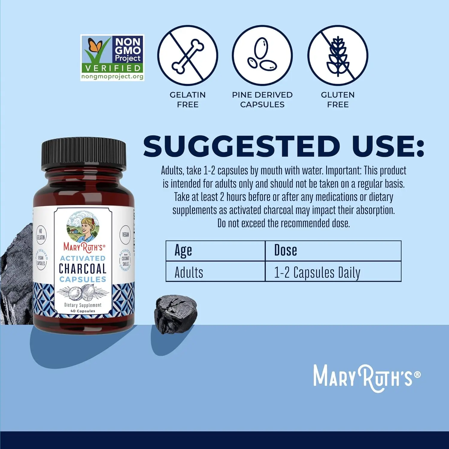 Bottle of activated charcoal capsules made from coconut shells, a vegan and non-GMO supplement to alleviate gas and bloating.