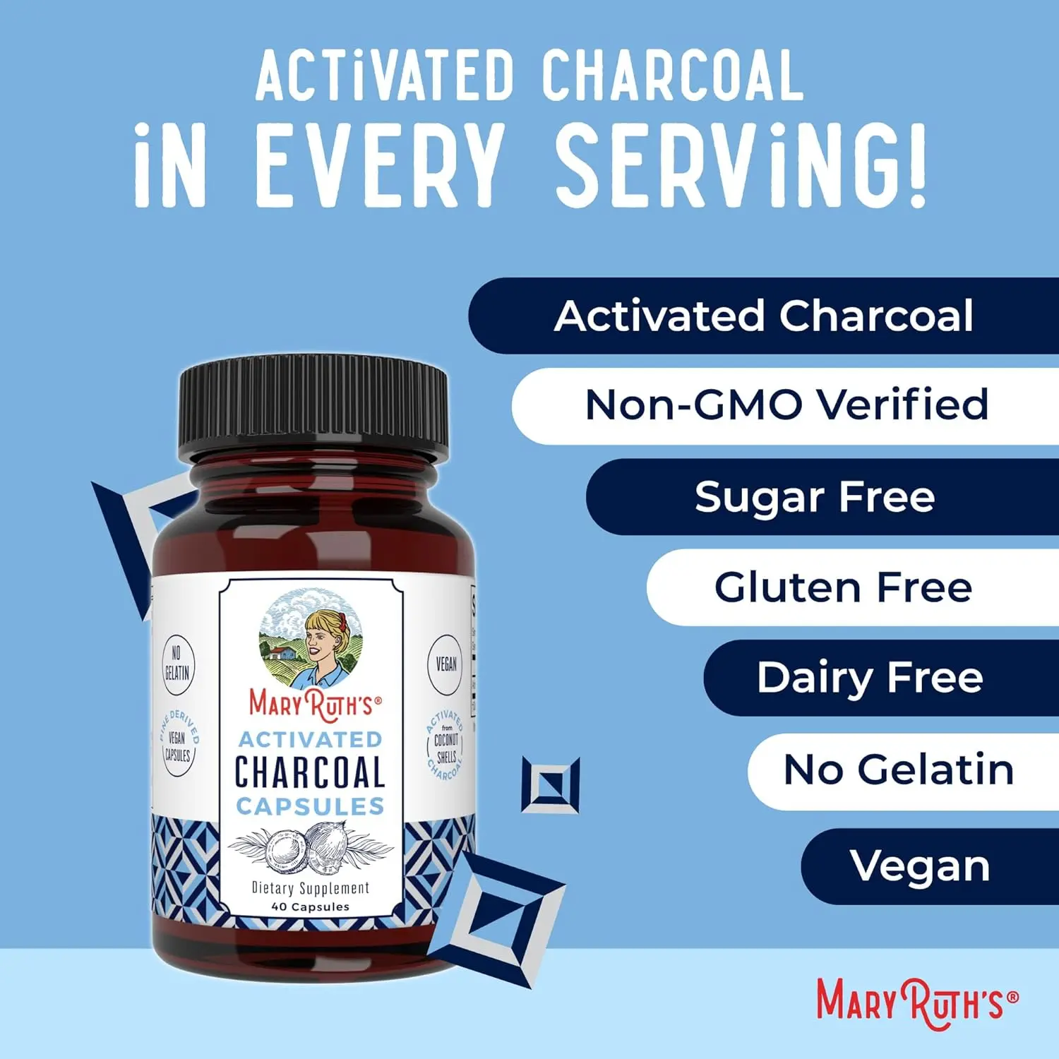 Bottle of activated charcoal capsules made from coconut shells, a vegan and non-GMO supplement to alleviate gas and bloating.