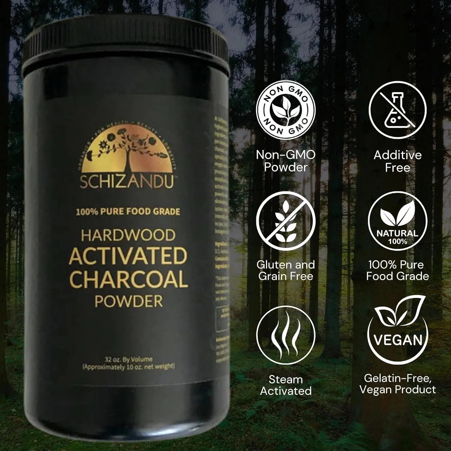 Schizandu Organics activated hardwood charcoal powder for teeth whitening, skin health, body detoxification, and overall wellness.