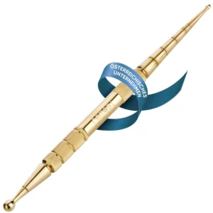 This gold-plated stainless steel acupressure pen with two ball sizes is perfect for scar treatment, tension, and adhesion relief with secure grip.