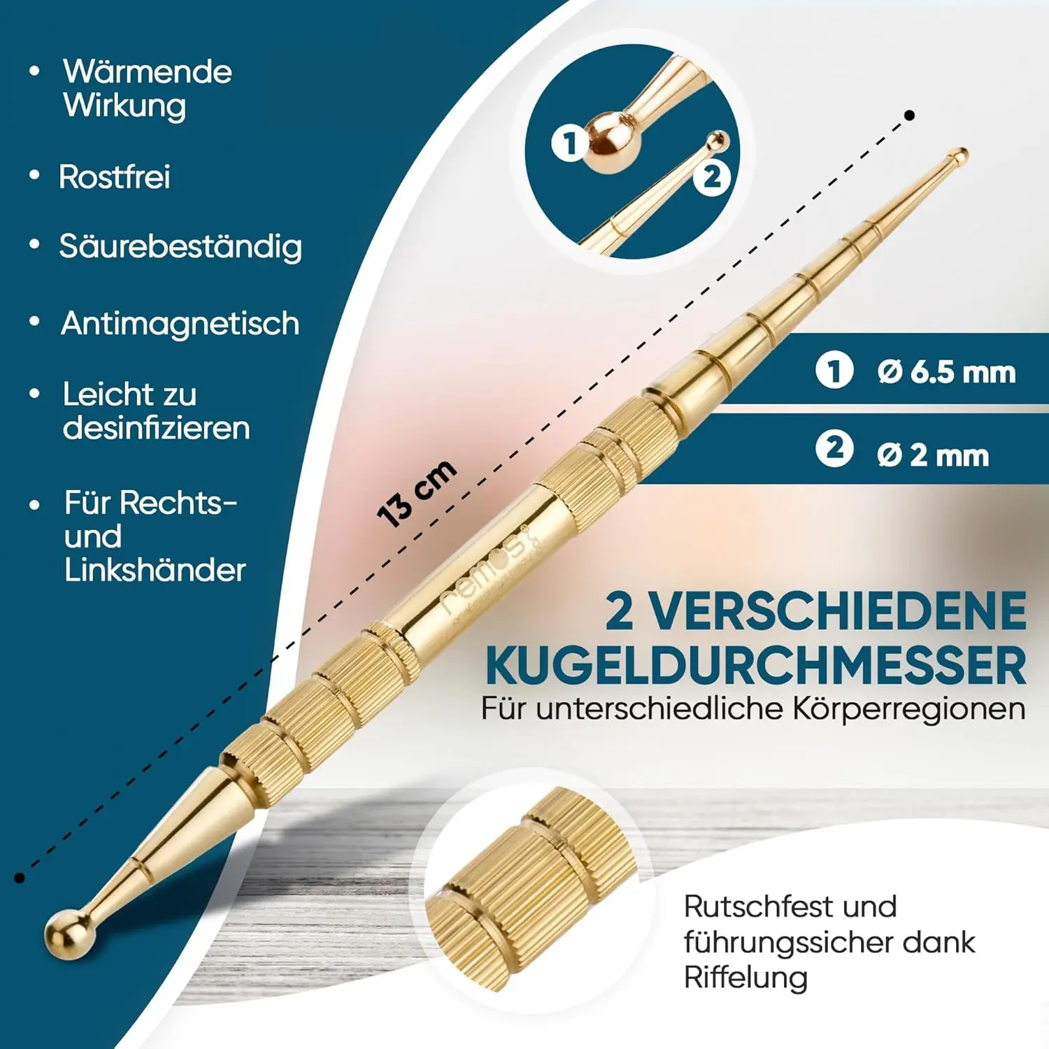 This gold-plated stainless steel acupressure pen with two ball sizes is perfect for scar treatment, tension, and adhesion relief with secure grip.